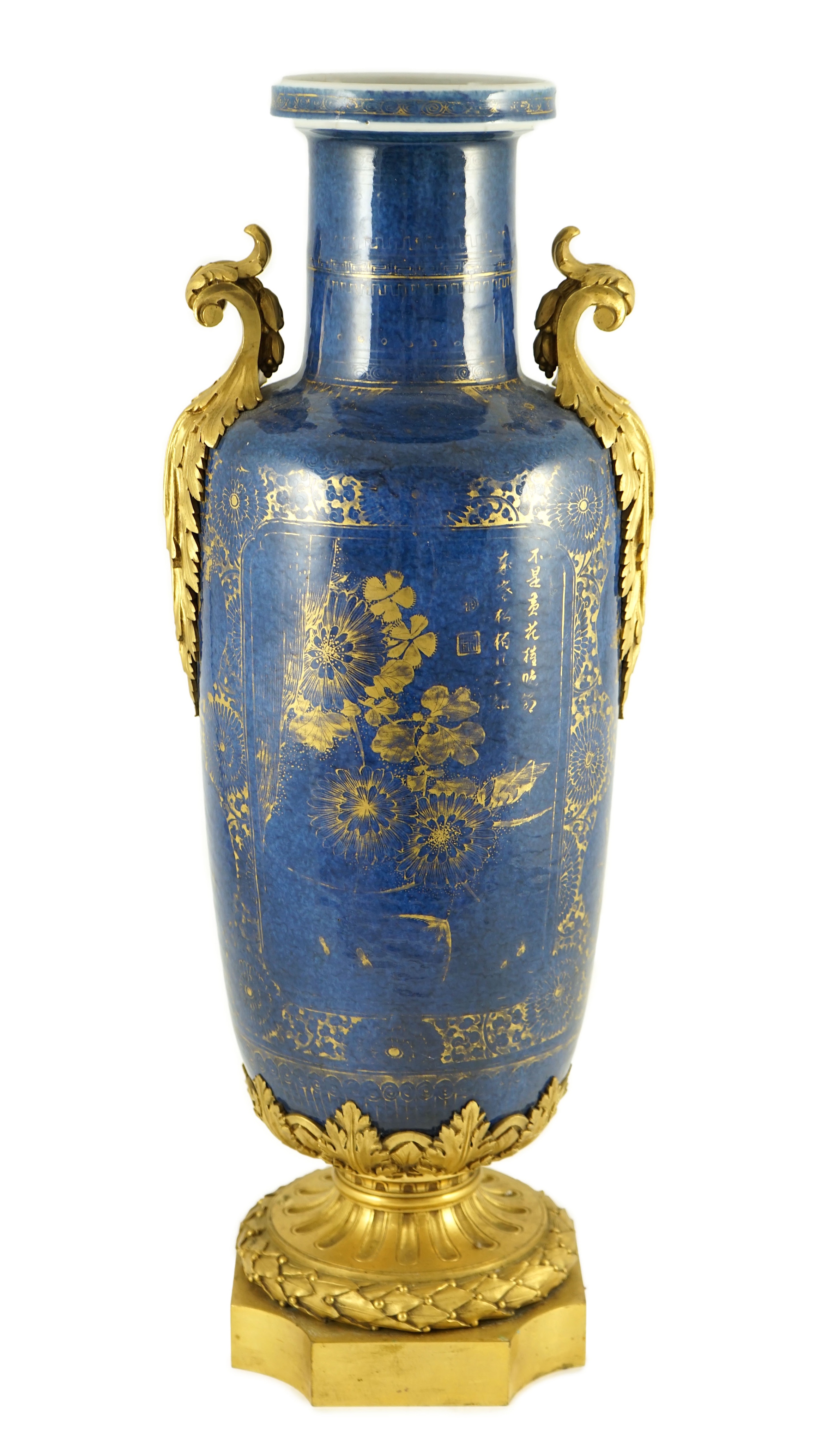 A Chinese gilt-decorated powder blue rouleau vase, Kangxi period, with French ormolu mounts, 55 cm high including ormolu mounts